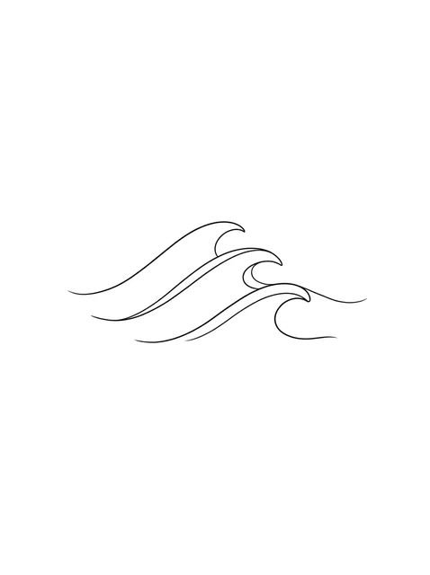 Black and white fine line wave tattoo design, outline stencil
