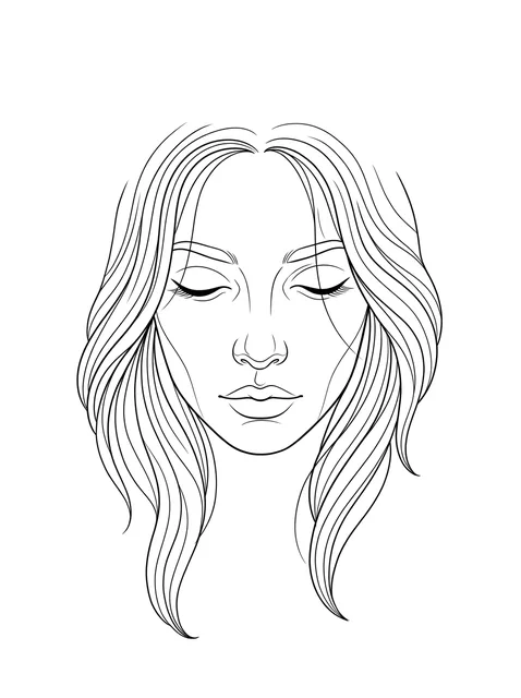 Black and white fine line woman portrait tattoo design, outline stencil