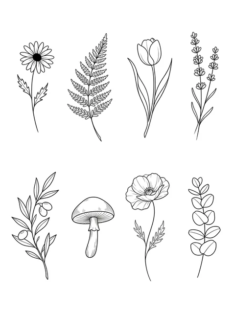 Black and grey flash fern and daisy tattoo design