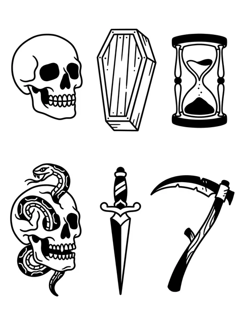 Black and grey flash skull and hourglass tattoo design: a coffin, a dagger and a reaper's scythe