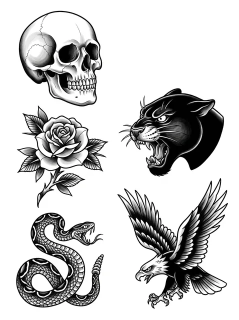 Black and grey flash skull and panther tattoo design