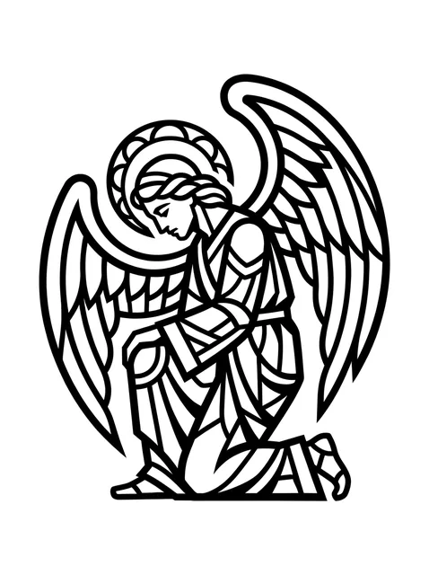Black and white geometric angel tattoo design, outline stencil