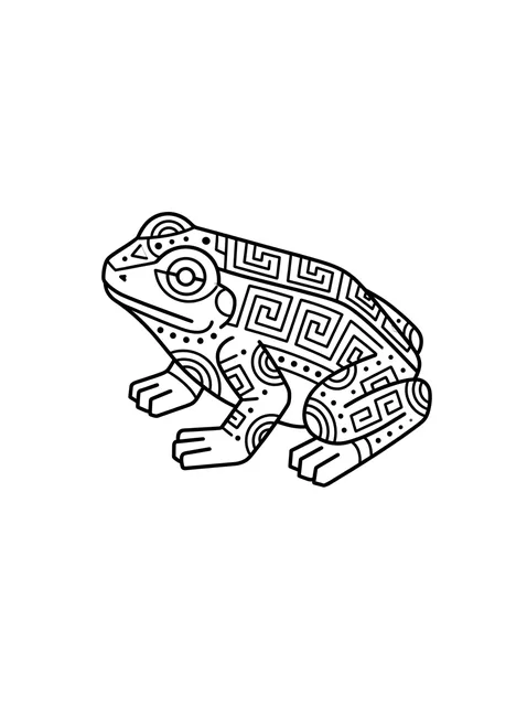 Black and white geometric aztec and frog tattoo design, outline stencil