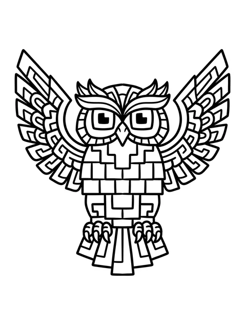 Black and white geometric aztec and owl tattoo design, outline stencil