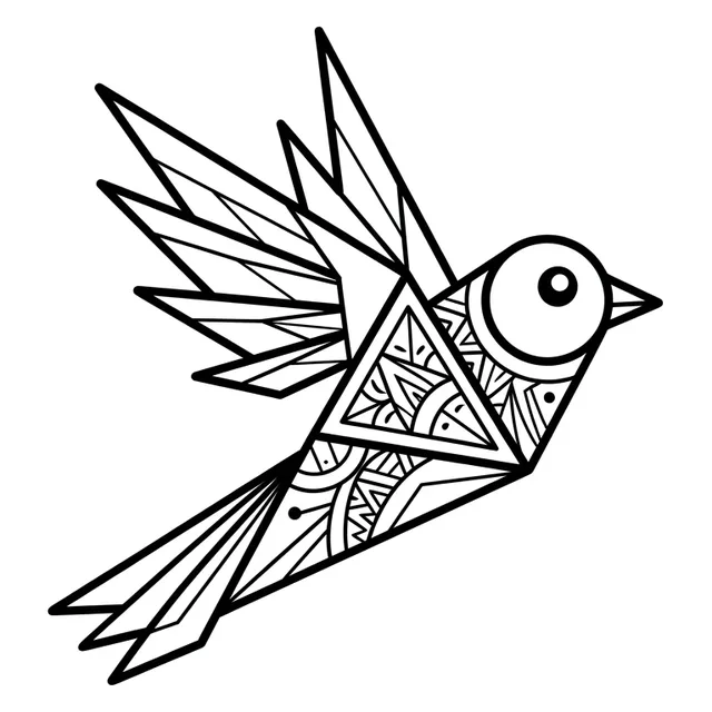Black and white geometric bird tattoo design, outline stencil