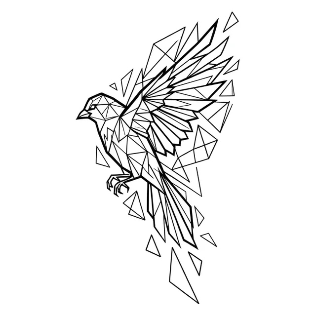 Black and white geometric bird tattoo design, outline stencil