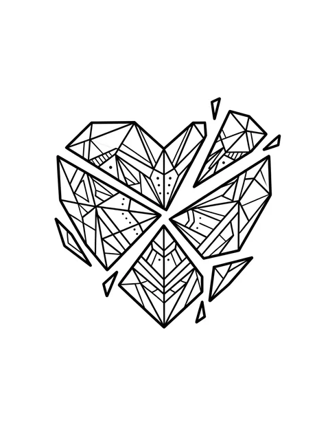 Black and white geometric broken heart tattoo design, outline stencil