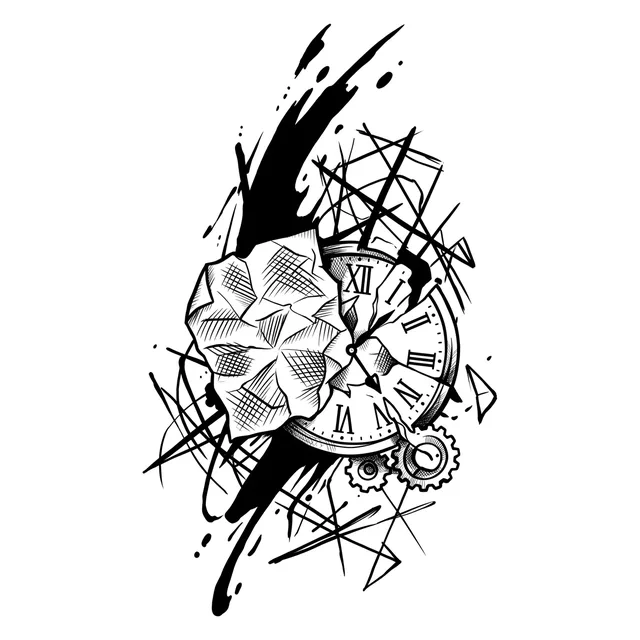 geometric Clock tattoo design, black and grey