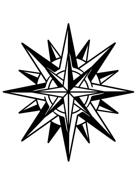 Black and white geometric compass and star tattoo design, outline stencil