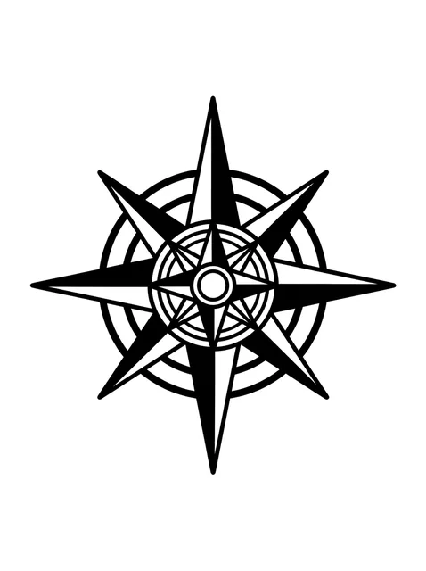 Black and white geometric compass tattoo design, outline stencil
