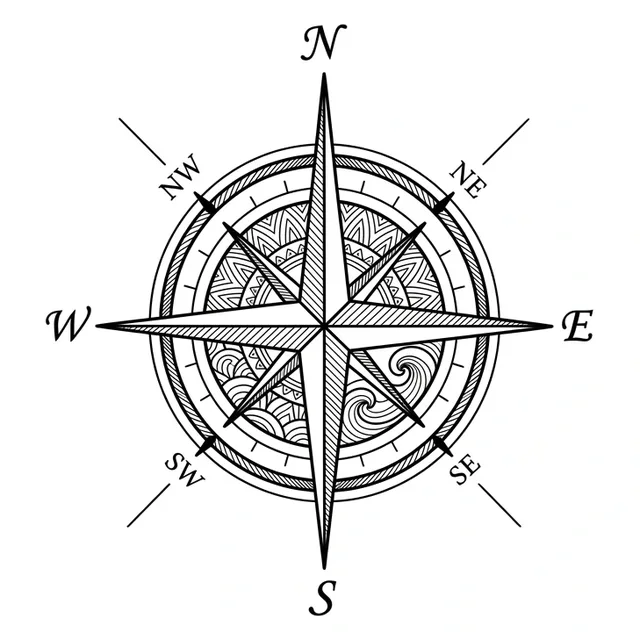 Black and white geometric compass tattoo design, outline stencil