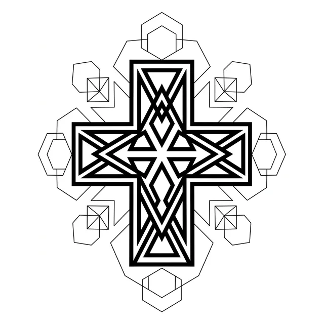 geometric Cross tattoo design, black and grey