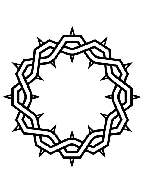 Black and white geometric crown of thorns tattoo design, outline stencil