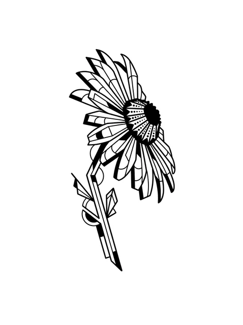 Black and white geometric daisy and flower tattoo design, outline stencil