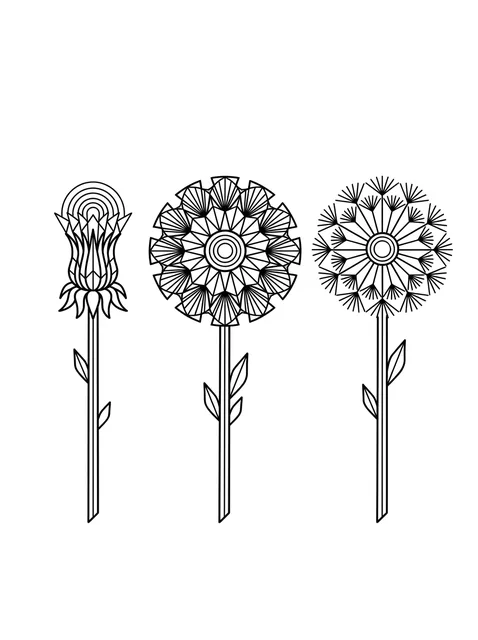 Black and white geometric dandelion and flower tattoo design, outline stencil