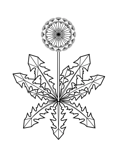 Black and white geometric dandelion and leaf tattoo design, outline stencil