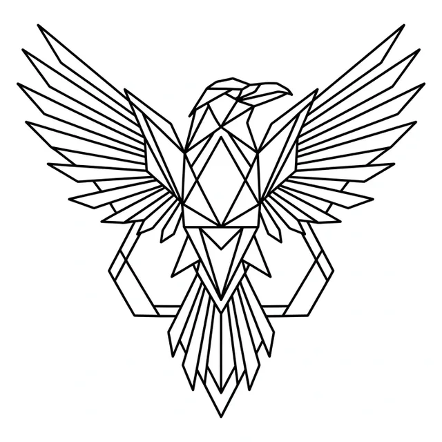 Black and white geometric eagle and bird tattoo design, outline stencil