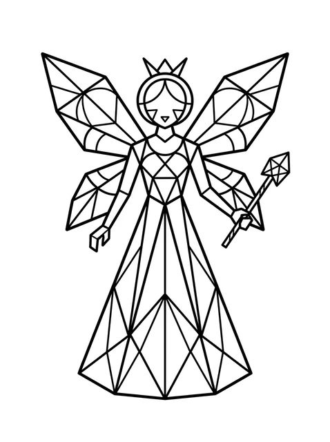 Black and white geometric fairy tattoo design, outline stencil