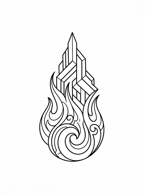Black and white geometric fire and abstract tattoo design, outline stencil