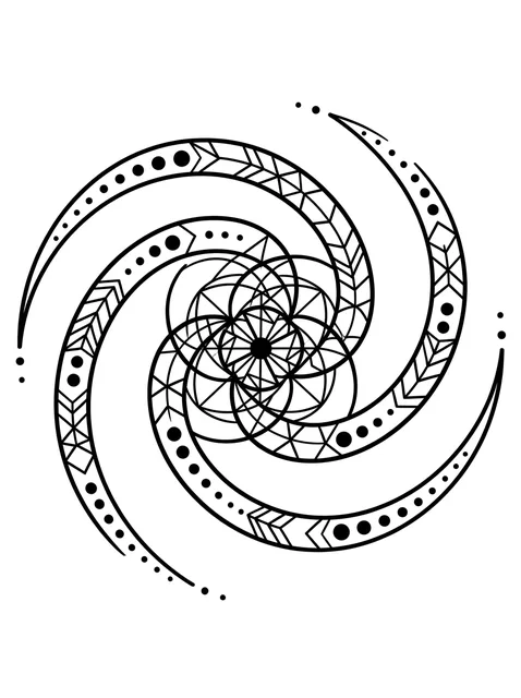Black and white geometric galaxy tattoo design, outline stencil