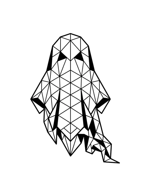 Black and white geometric ghost tattoo design, outline stencil