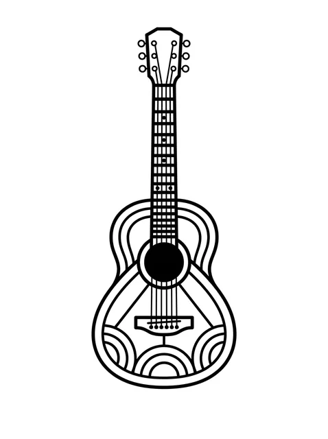 Black and white geometric guitar tattoo design, outline stencil