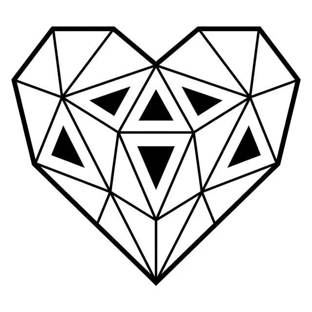 Black and white geometric heart tattoo design, outline stencil