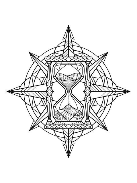 Black and white geometric hourglass and compass tattoo design, outline stencil