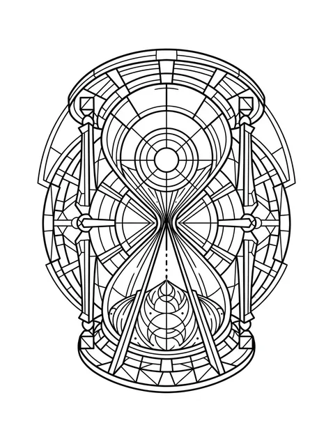 Black and white geometric hourglass and mandala tattoo design, outline stencil