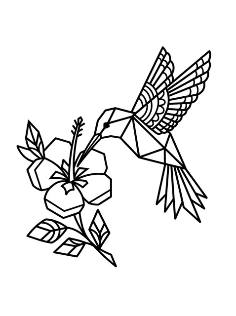 Black and white geometric hummingbird and flower tattoo design, outline stencil