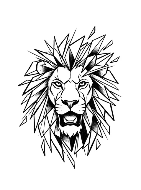Black and white geometric lion tattoo design, outline stencil