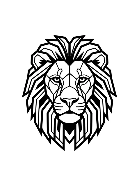 Black and white geometric lion tattoo design, outline stencil