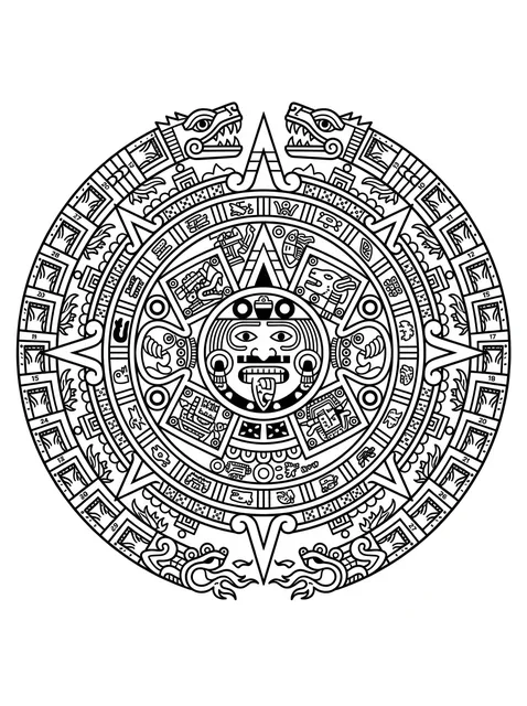 Black and white geometric aztec and mandala tattoo design, outline stencil