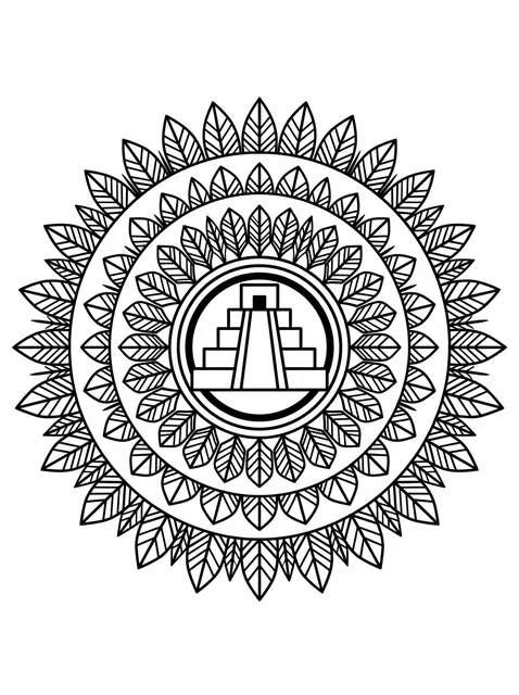 Black and white geometric aztec and mandala tattoo design, outline stencil