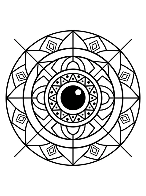 Black and white geometric mandala and eye tattoo design, outline stencil