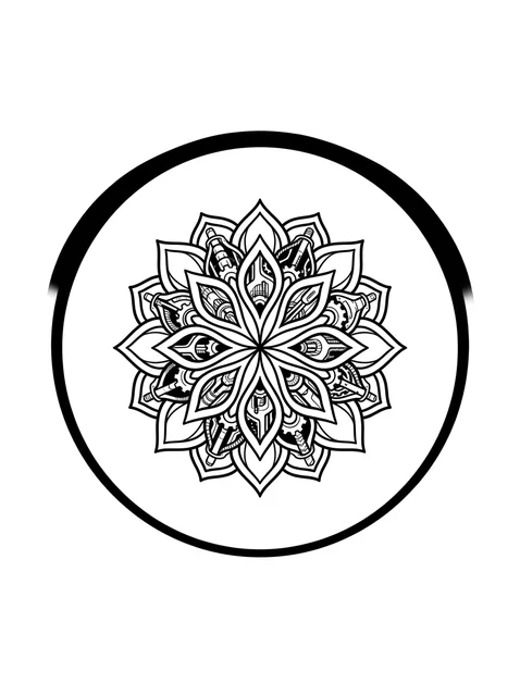 Black and white geometric mandala and flower tattoo design, outline stencil