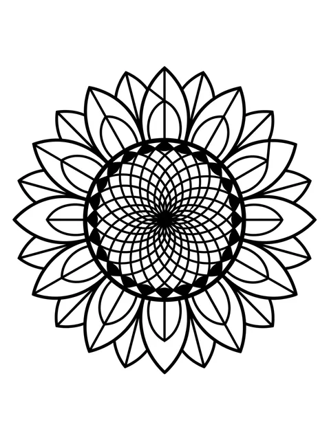 Black and white geometric flower and mandala tattoo design, outline stencil