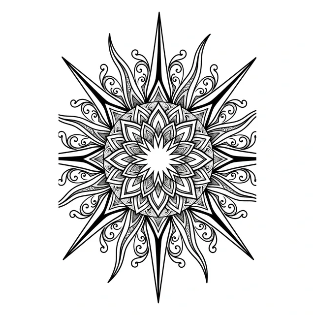 Black and white geometric mandala and sun tattoo design, outline stencil