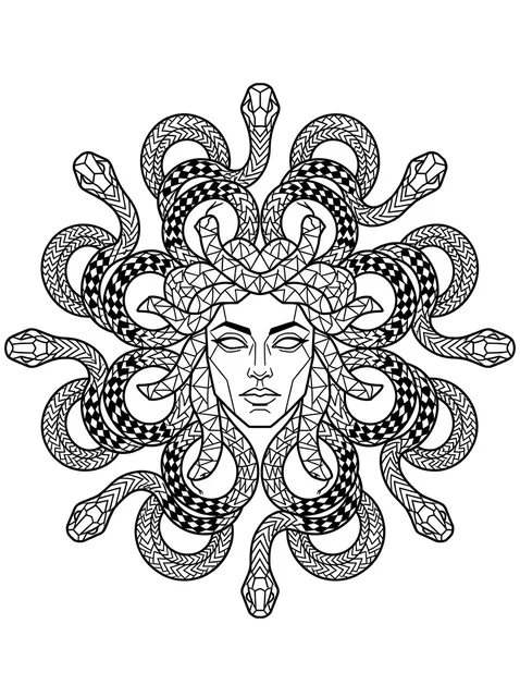 Black and white geometric medusa and snake tattoo design, outline stencil