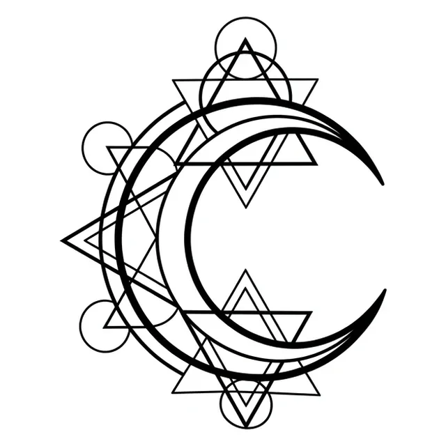 Black and white geometric moon tattoo design, outline stencil