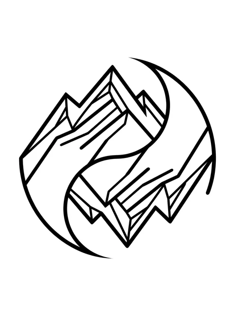 Black and white geometric mountain tattoo design, outline stencil: a natural landscape