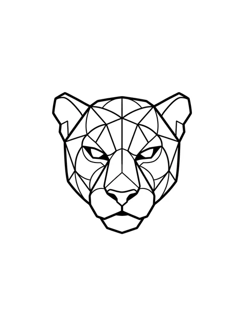 Black and white geometric panther tattoo design, outline stencil: the head of a panther