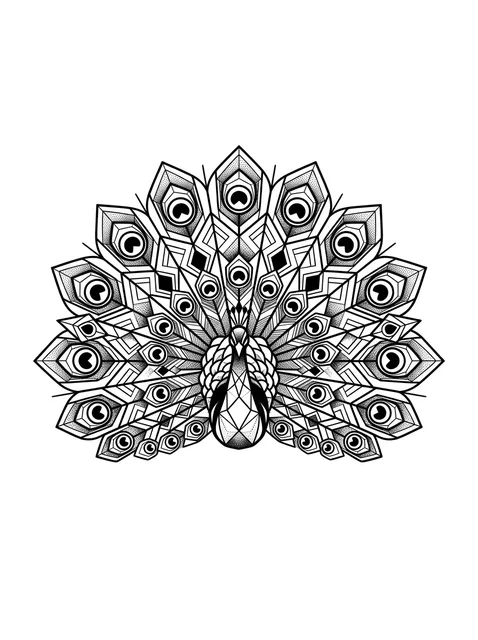 Black and white geometric peacock and bird tattoo design, outline stencil