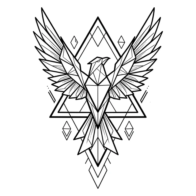 geometric Phoenix tattoo design, black and grey
