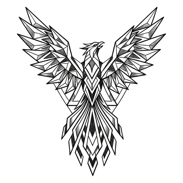 geometric Phoenix tattoo design, black and grey