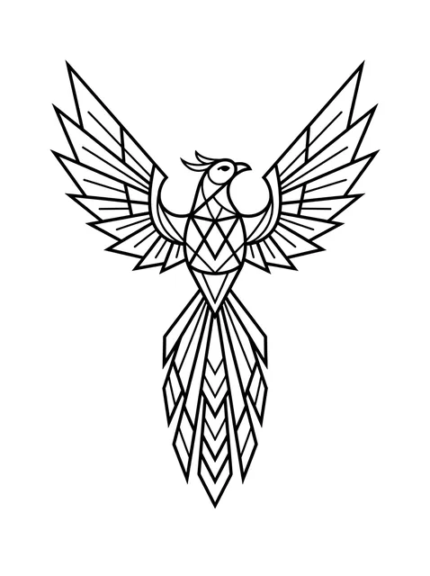 Black and white geometric phoenix tattoo design, outline stencil