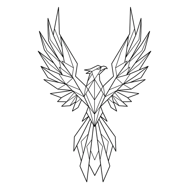 geometric Phoenix tattoo design, black and grey