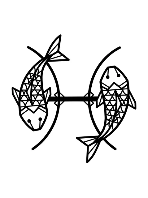Black and white geometric pisces and fish tattoo design, outline stencil: the Pisces zodiac sign