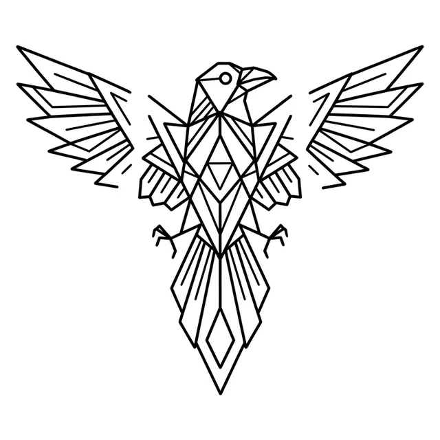 geometric Raven tattoo design, black and grey