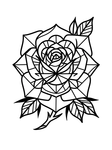 Black and white geometric rose and flower tattoo design, outline stencil